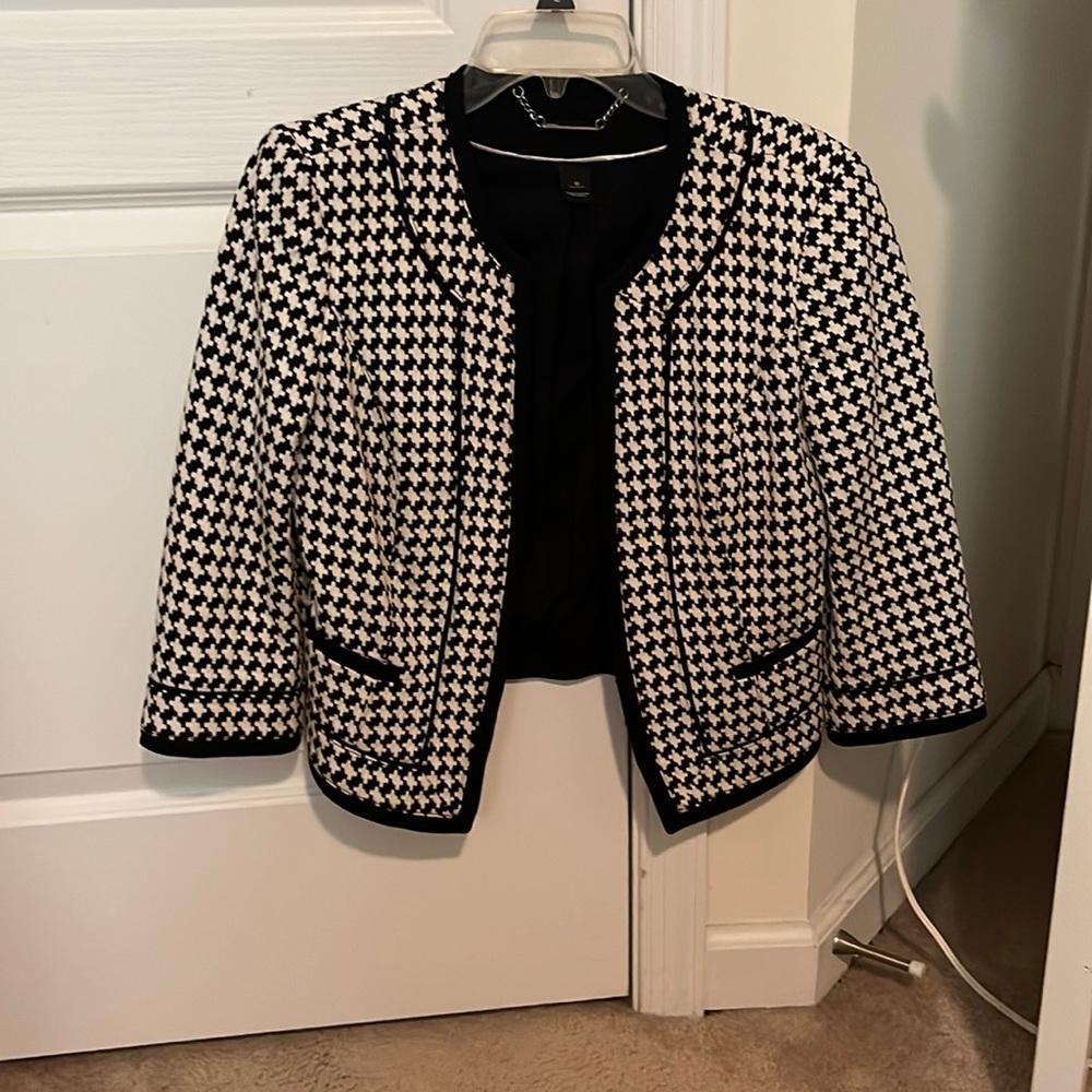 chanel style open from jacket houndstooth black and white
